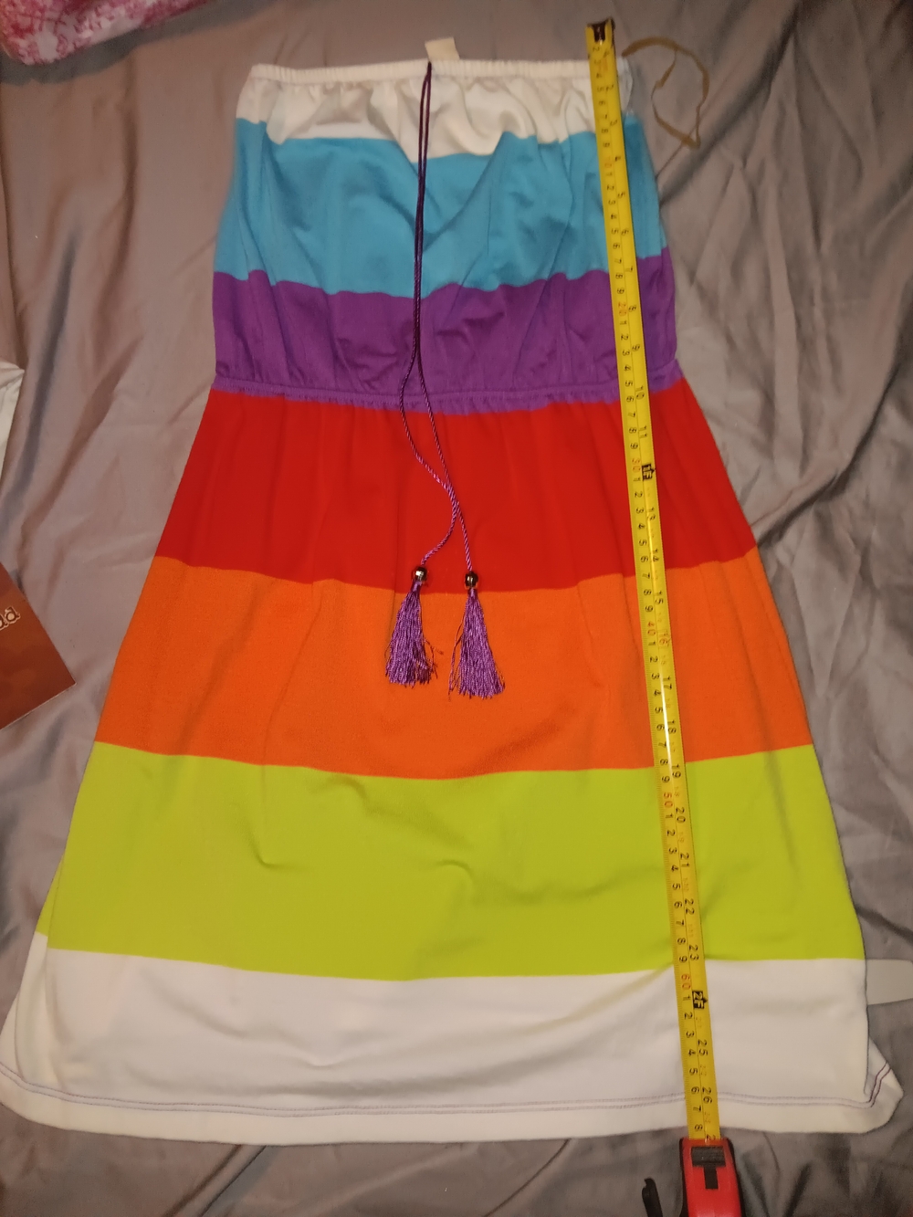 Derek Heart Strapless Rainbow Stripe Tassel Dress